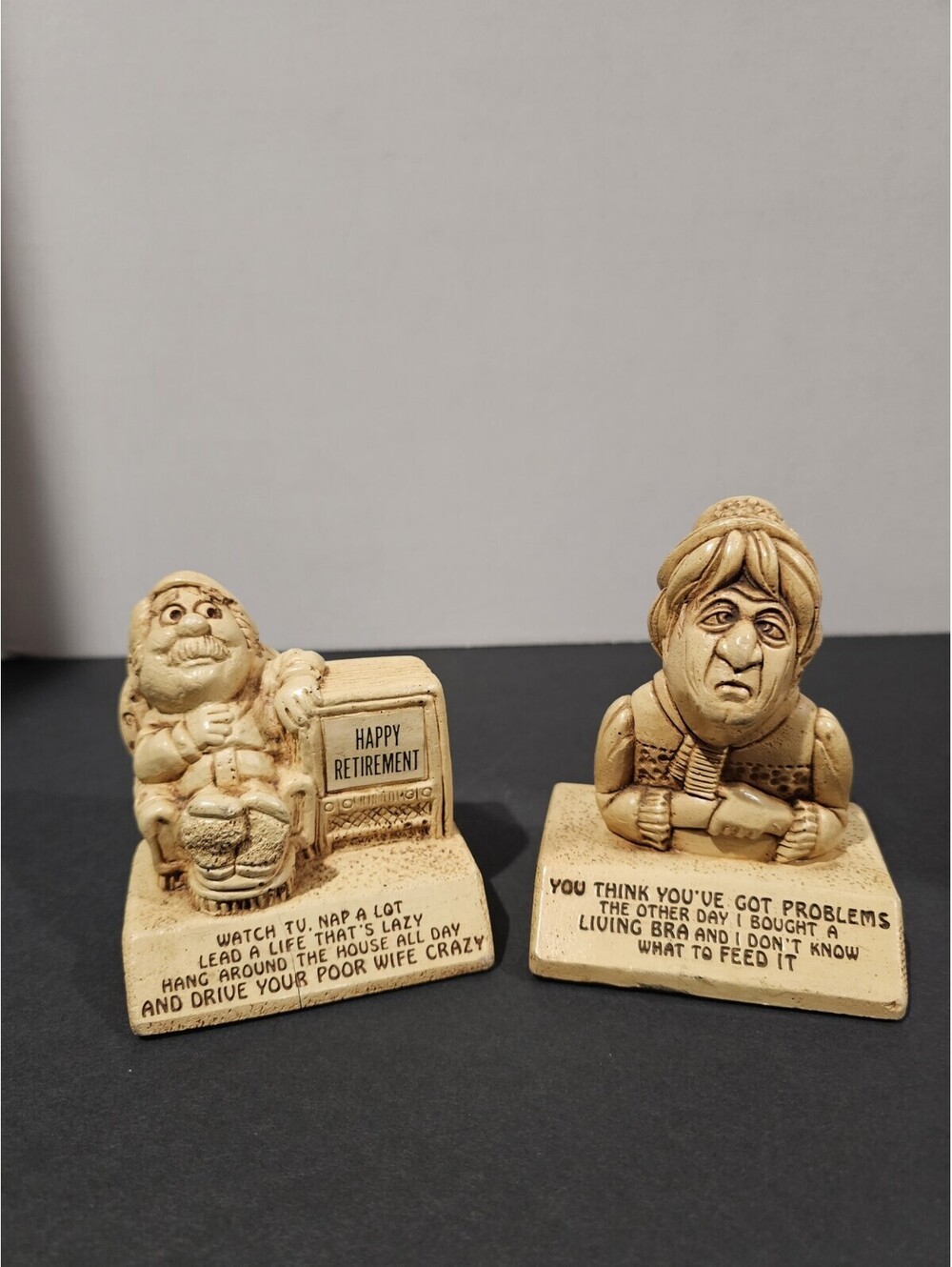 Vintage Paula 1973 Resin Figurines Lot of 2 Retirement Living Bra Funny Statue